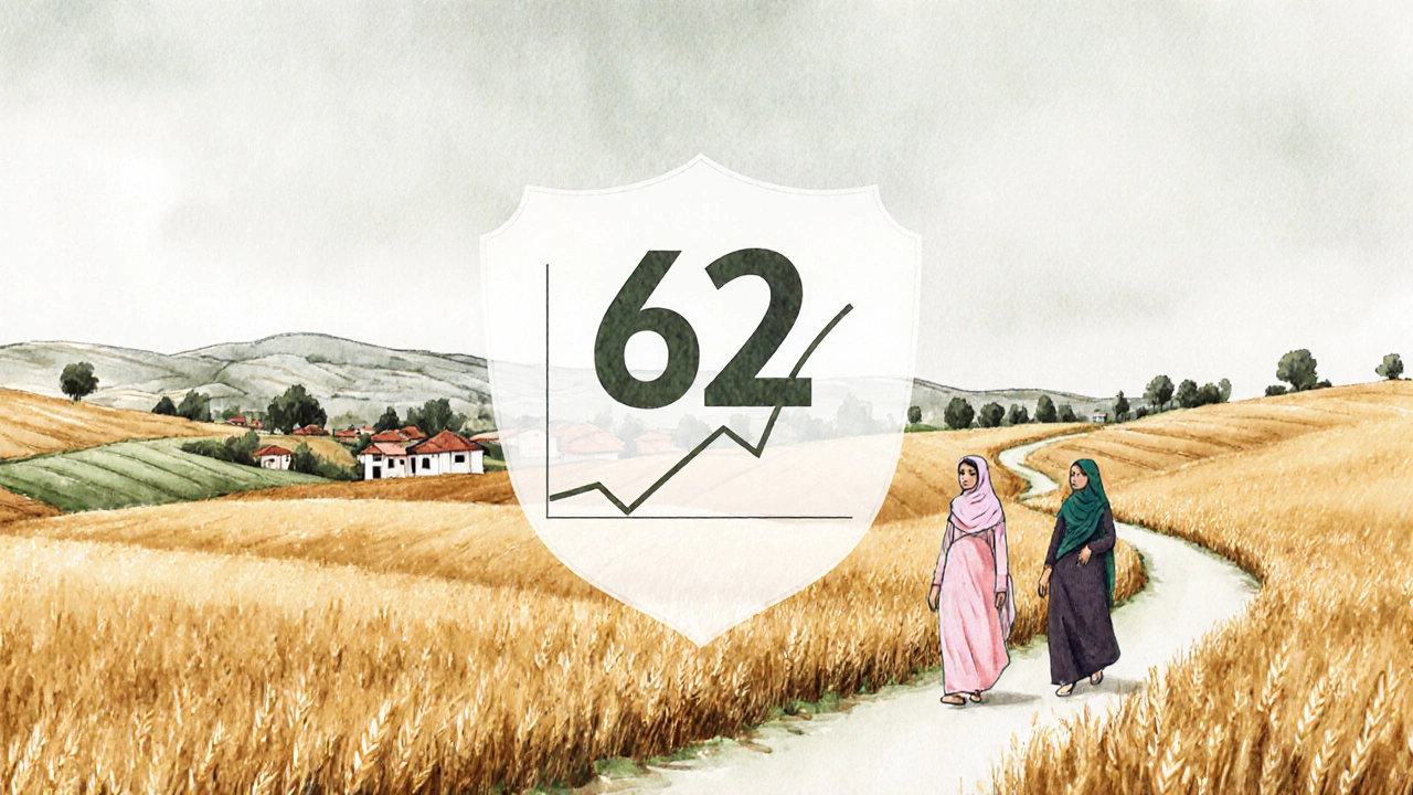 Artistic watercolor map of Punjab showing wheat fields, a shield and silhouettes of modestly dressed women.