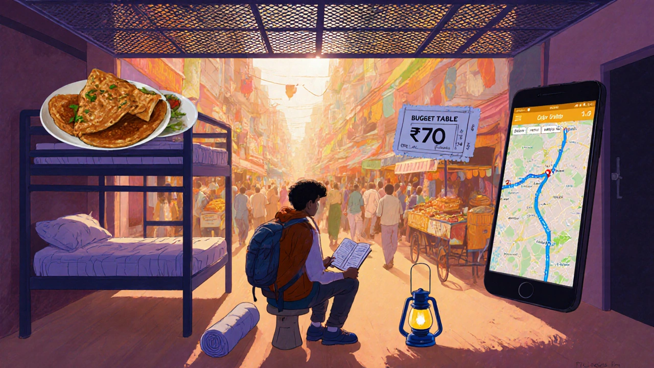 Backpacker in a Delhi hostel with budget items like dosa, metro pass, and map on the table.