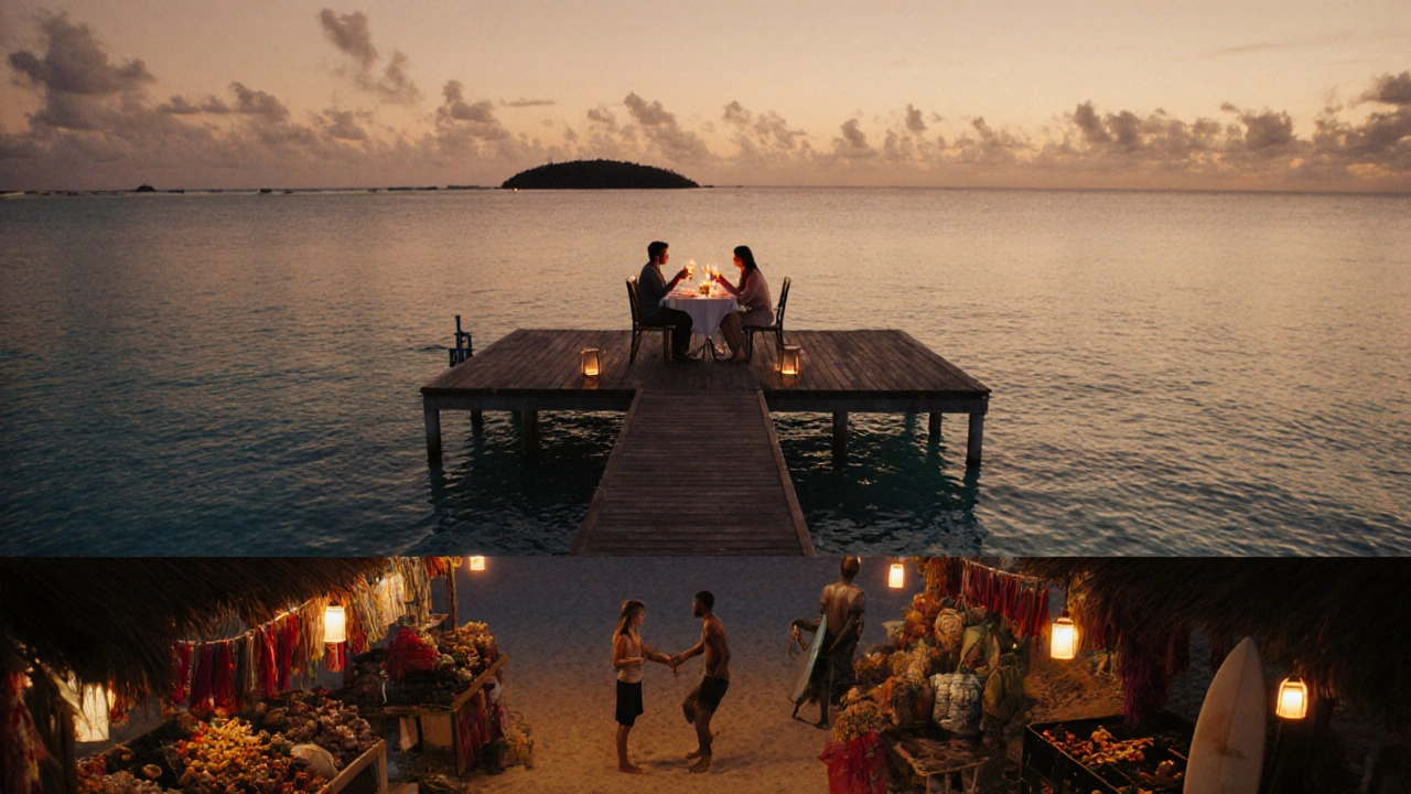 Cinematic sunset dinner on Maldives over‑water villa merging into a lively Fiji market and beach scene.