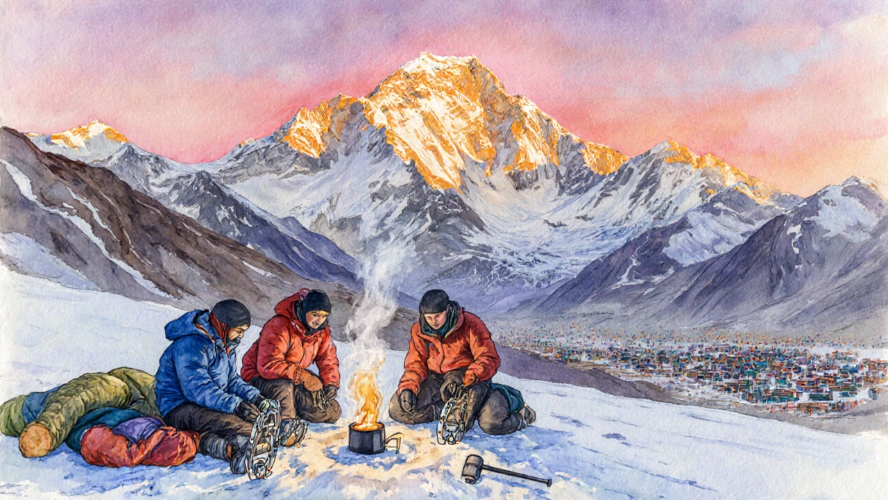 Climbers celebrate at the base camp after descending Stok Kangri, with sunrise behind the peak.