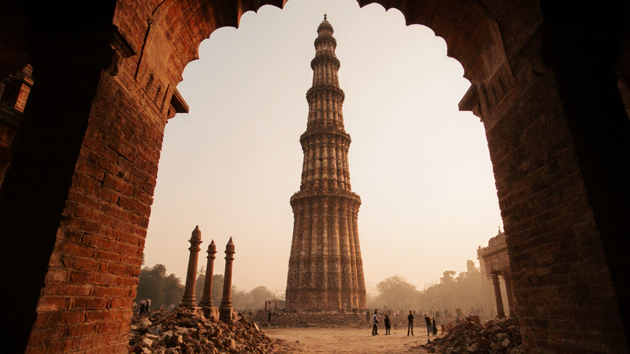 Close-up of Qutub Minar at golden hour highlighting its carvings and towering height.