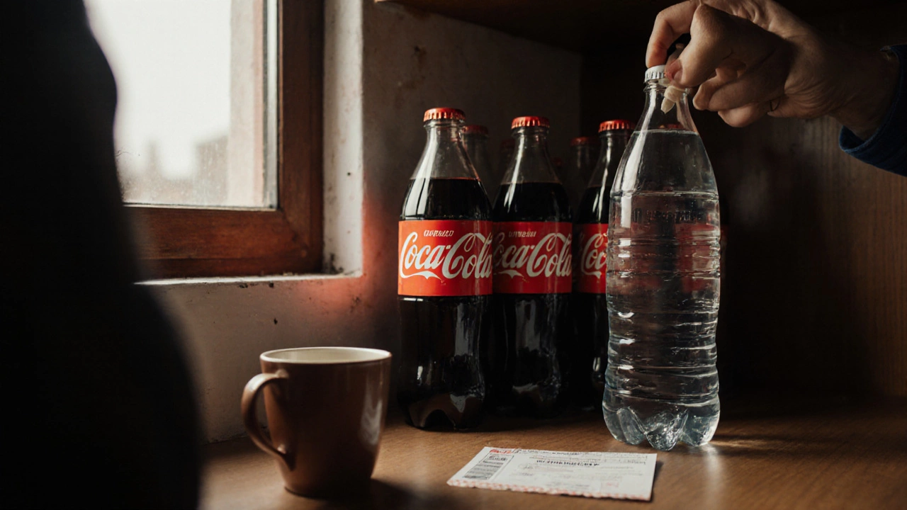 Coke 6-pack and reusable water bottle chilling together on a guesthouse fridge shelf.