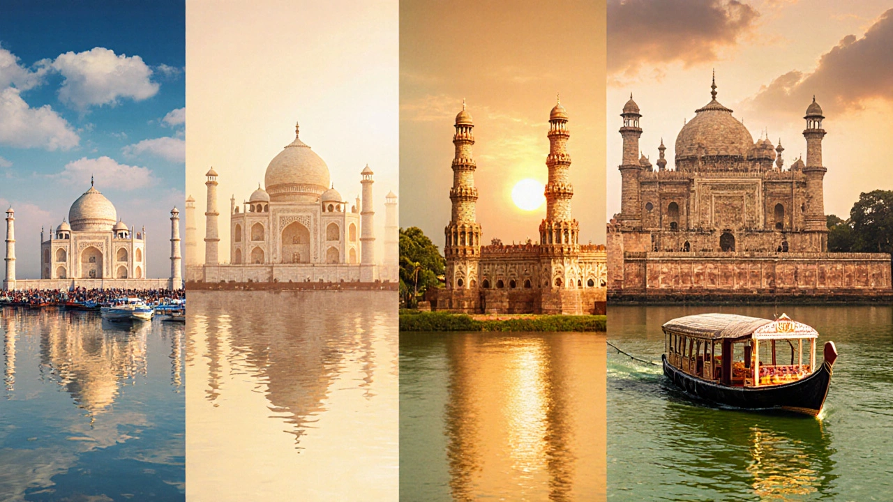 Collage of Taj Mahal, Gateway of India, Meenakshi Temple, Amber Fort, and Kerala houseboat.