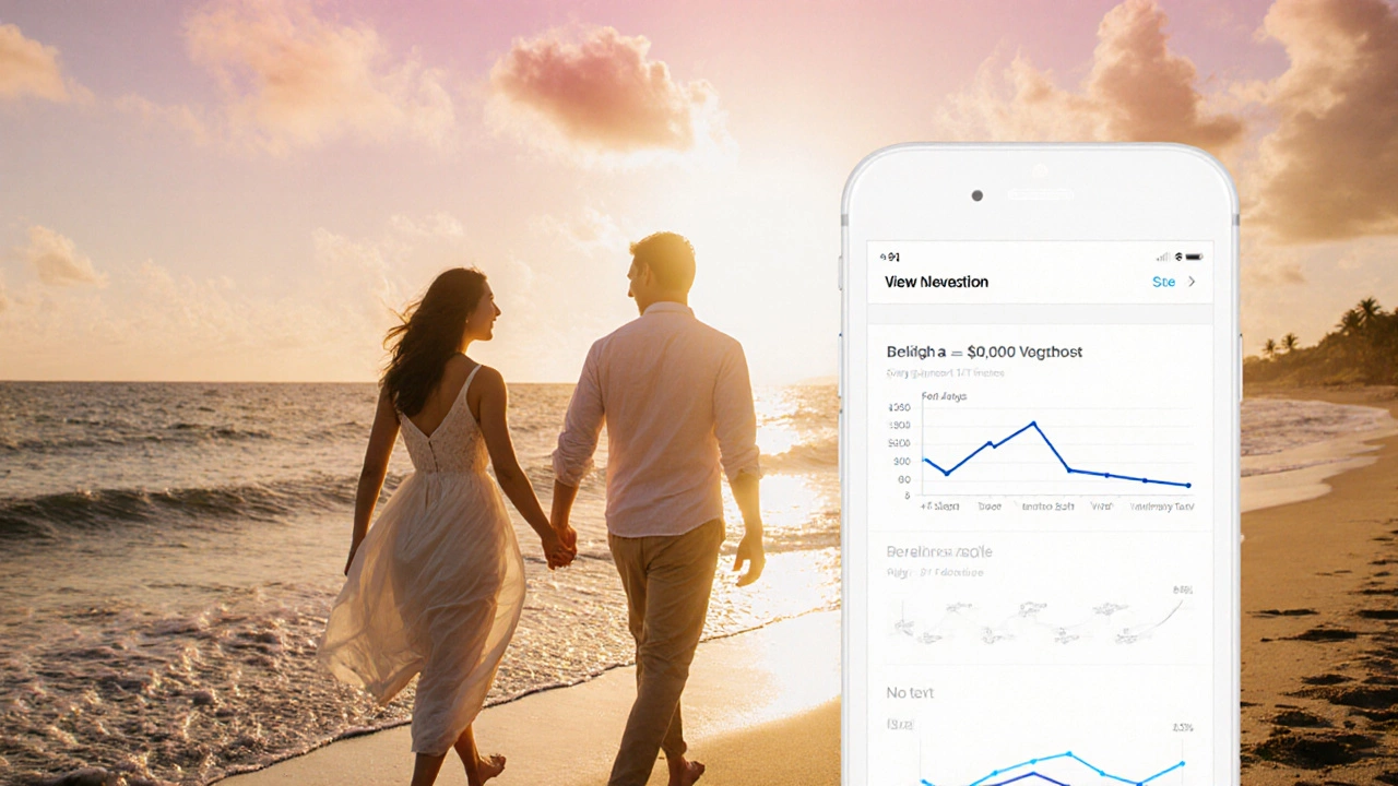Couple strolling on a sunset beach with a faint budgeting app overlay on a nearby smartphone.