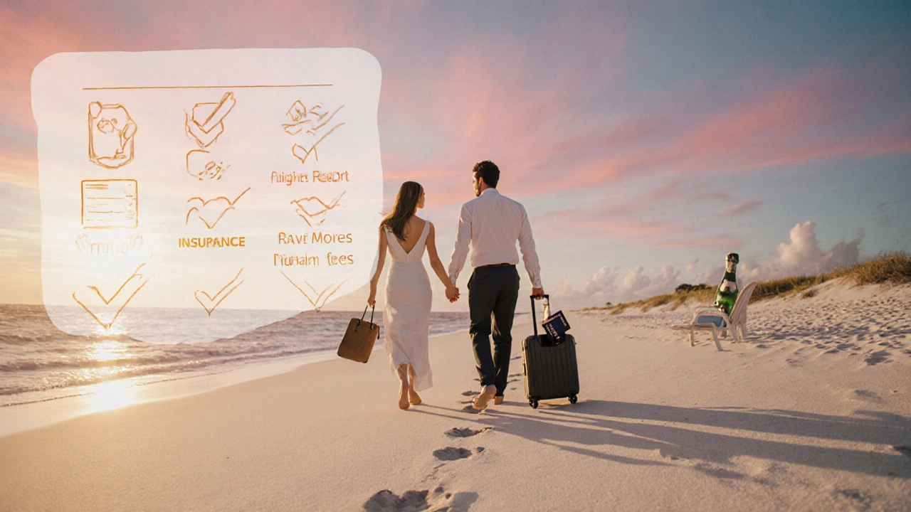 Couple walking on a sunset beach holding luggage and champagne, checklist icons above.