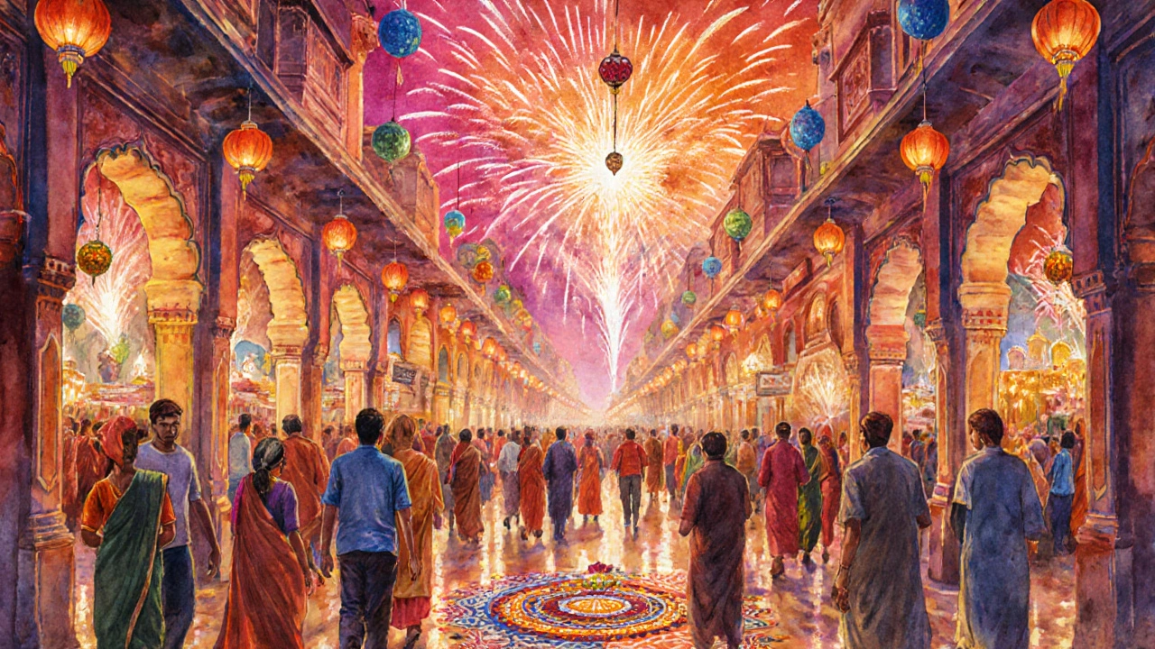 Diwali night in Jaipur with lanterns, fireworks lighting bustling streets.