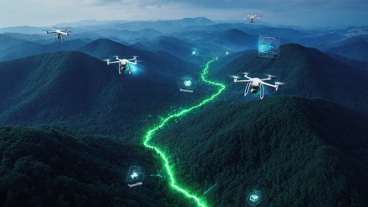 Drone and satellite view showing connected forest corridors and AI monitoring tools.