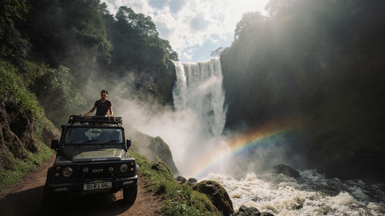 Dudhsagar Waterfall with mist, jungle, and a jeep on a trail.