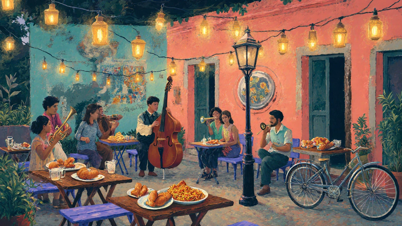 Evening outdoor café in Pondicherry with jazz musicians, lantern lighting, and French‑Indian dishes.