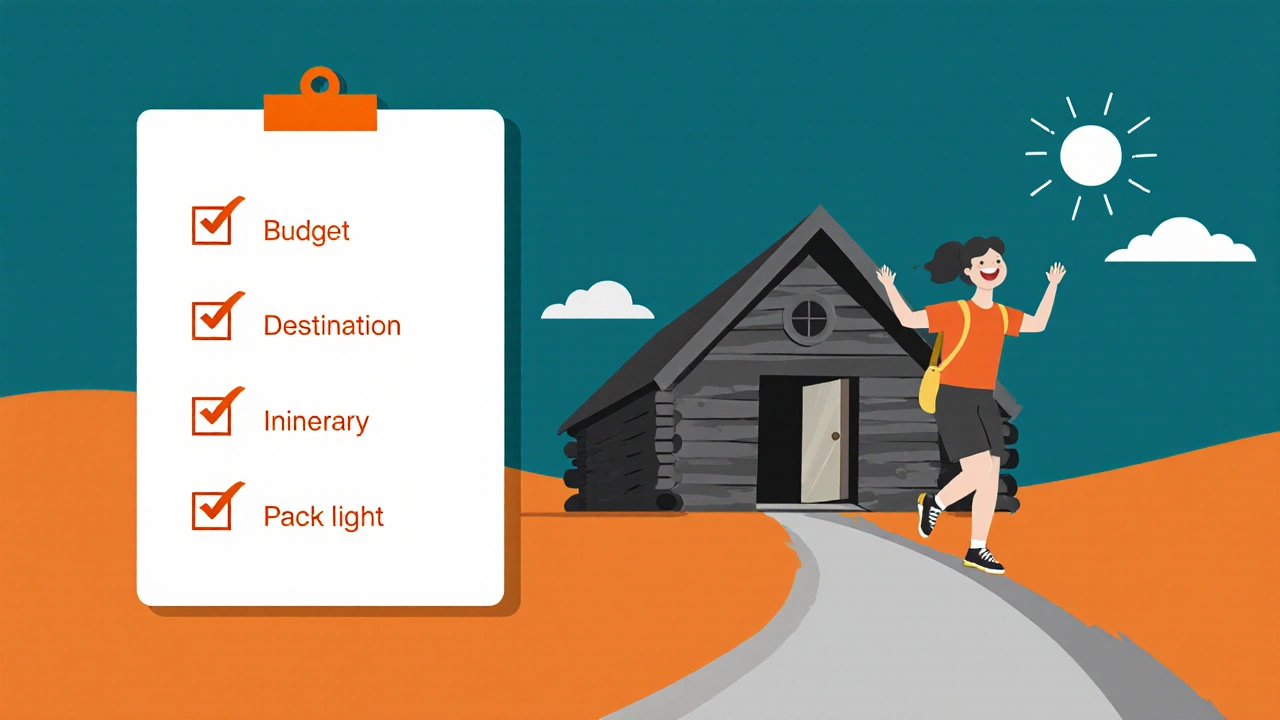 Flat‑design traveler leaving a cabin with a faint checklist of mini vacation steps.