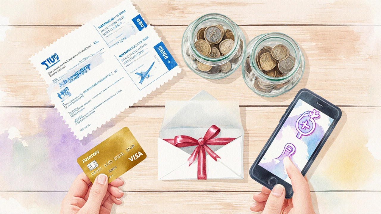 Flat‑lay of plane tickets, credit card, coin jars, envelope, and phone illustrating payment methods.