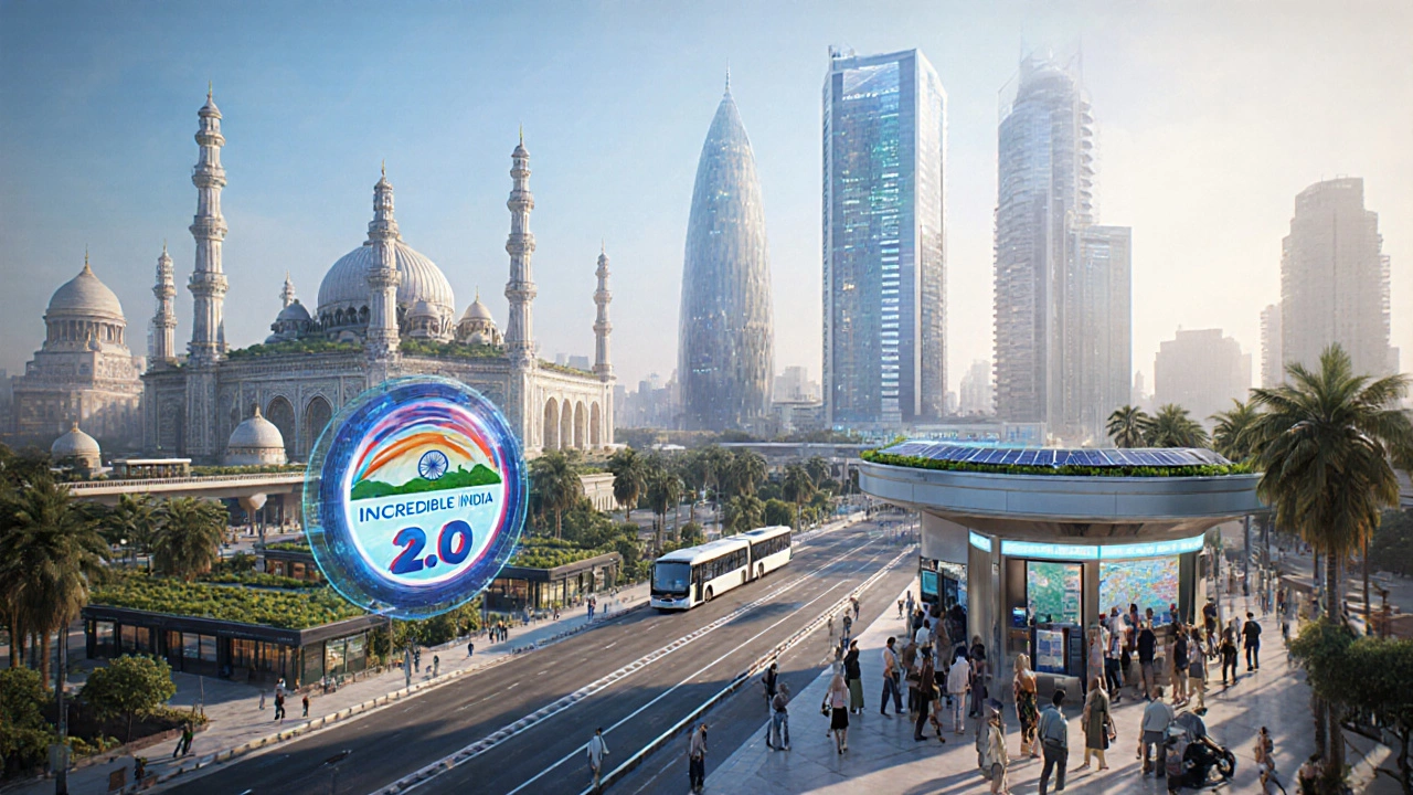 Futuristic Indian city with green tech and digital tourism hubs illustrating the “Incredible India 2.0” vision.