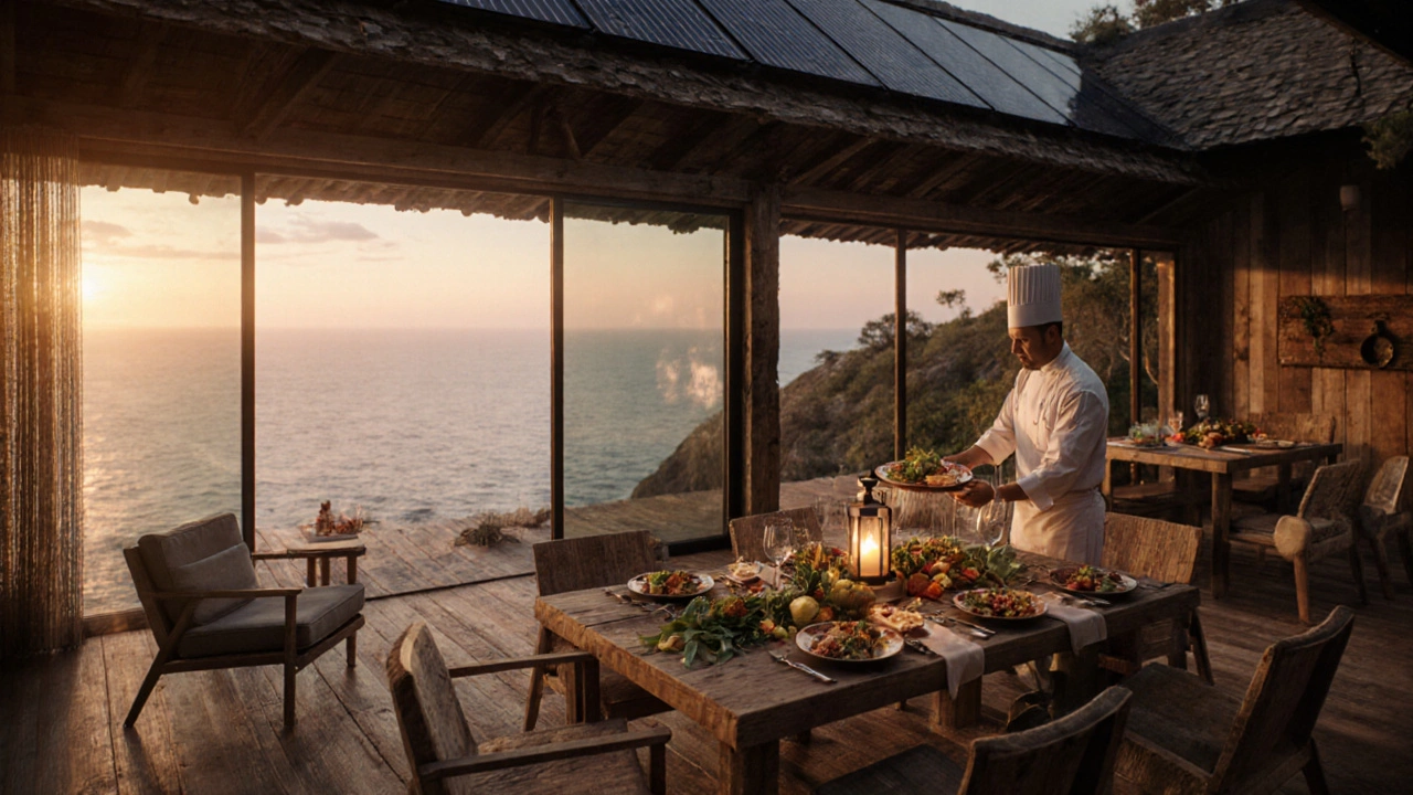 Guest enjoying a luxury cliff‑side eco‑villa dinner with ocean view and sustainable design.