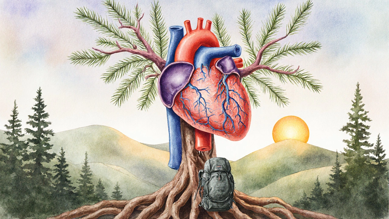 Heart and brain connected to nature elements like roots and pine needles in soft watercolor style.