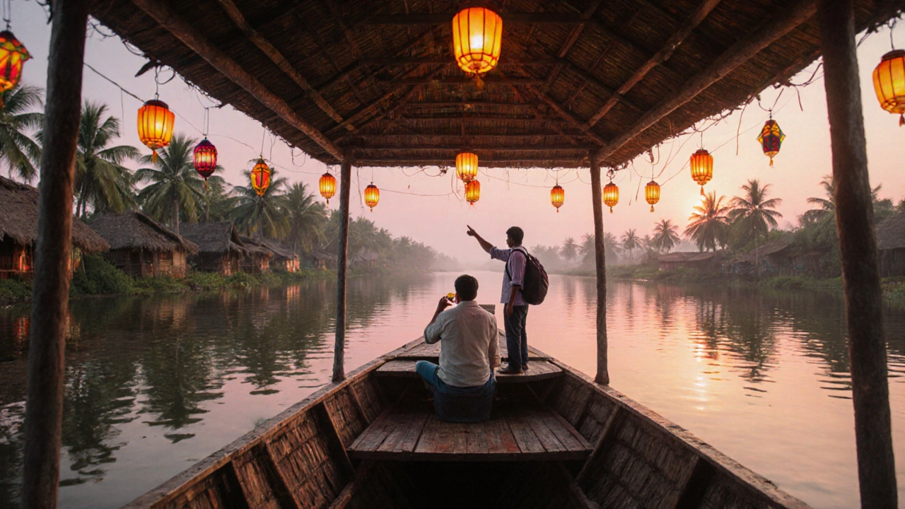 Houseboat cruising sunrise on Alappuzha backwaters surrounded by green palms.