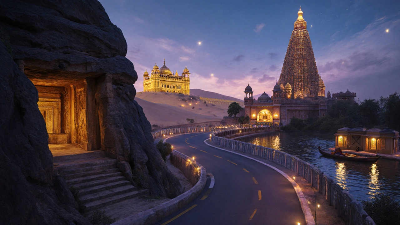 Illustration of a road linking iconic sites from Maharashtra, Rajasthan, Tamil Nadu and Kerala.