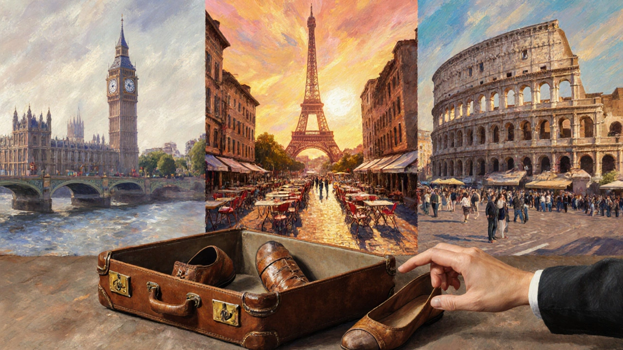 Impressionist painting showing London, Paris, and Rome with a suitcase.