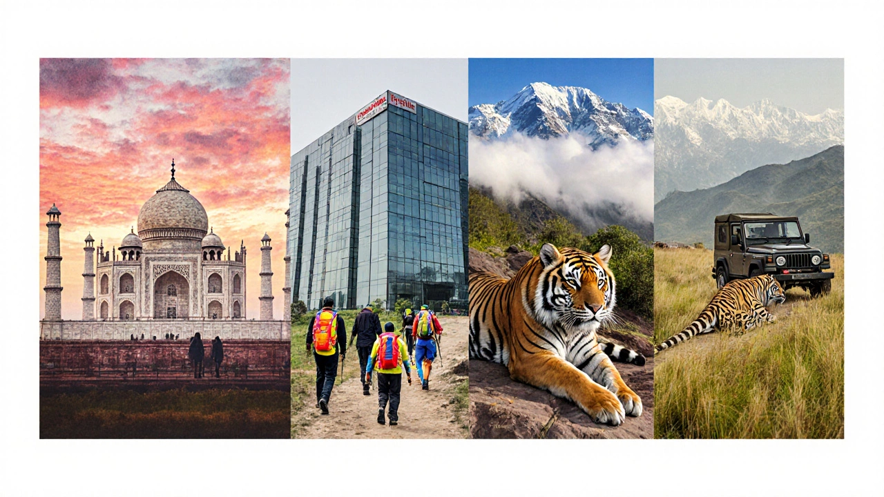 Montage of Taj Mahal, hospital, mountain trekkers, and tiger safari representing tourism drivers.