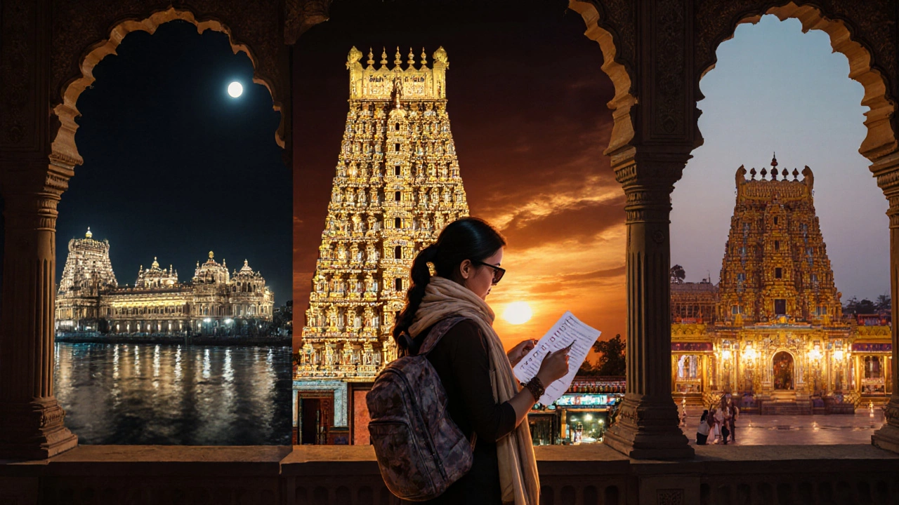 Night montage of Mysore Palace, Meenakshi Temple, Tirupati Temple with traveler checking checklist.