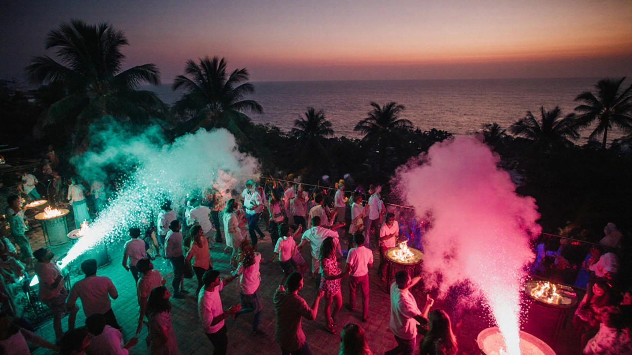 Night rooftop party at Mambo’s with neon lights and dancing crowds.