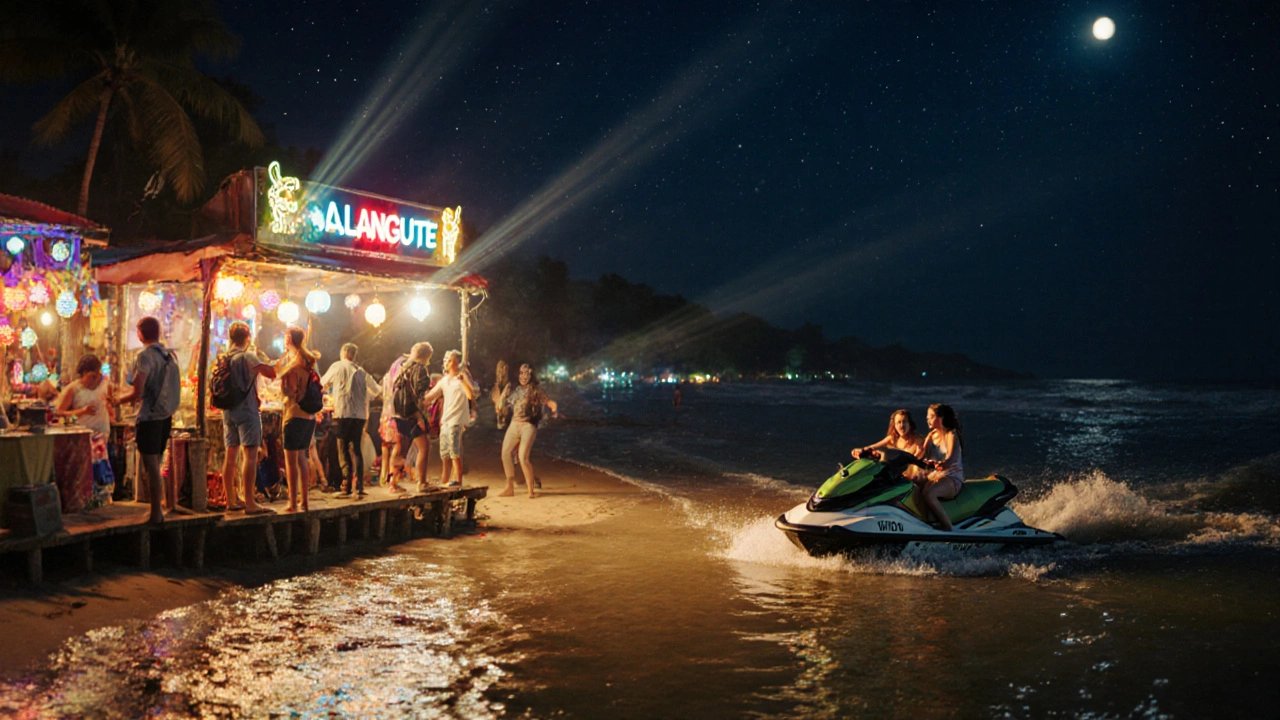 Night scene of Calangute Beach with neon-lit shacks, jet‑ski, and lively crowd.