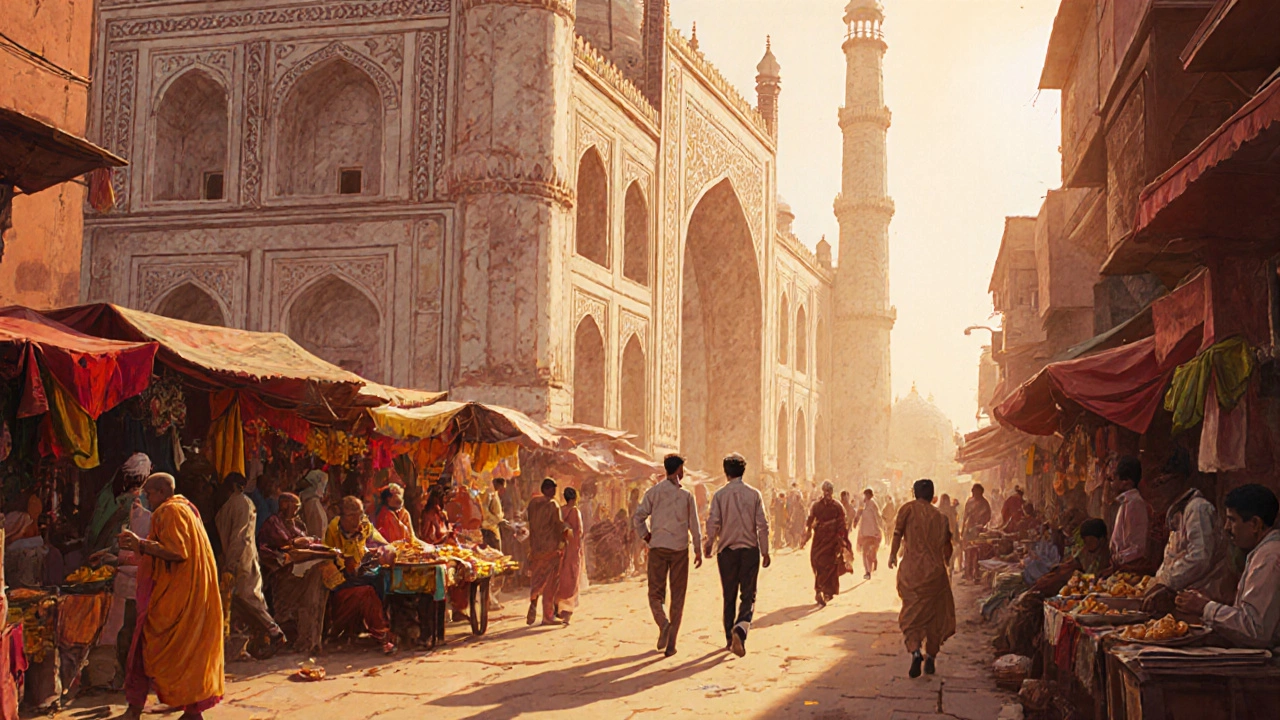 Old Delhi street near Jama Masjid with tourists, market stalls and colorful surroundings.