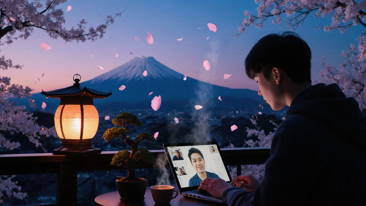 Remote worker enjoying cherry blossoms on a Kyoto balcony at dusk.
