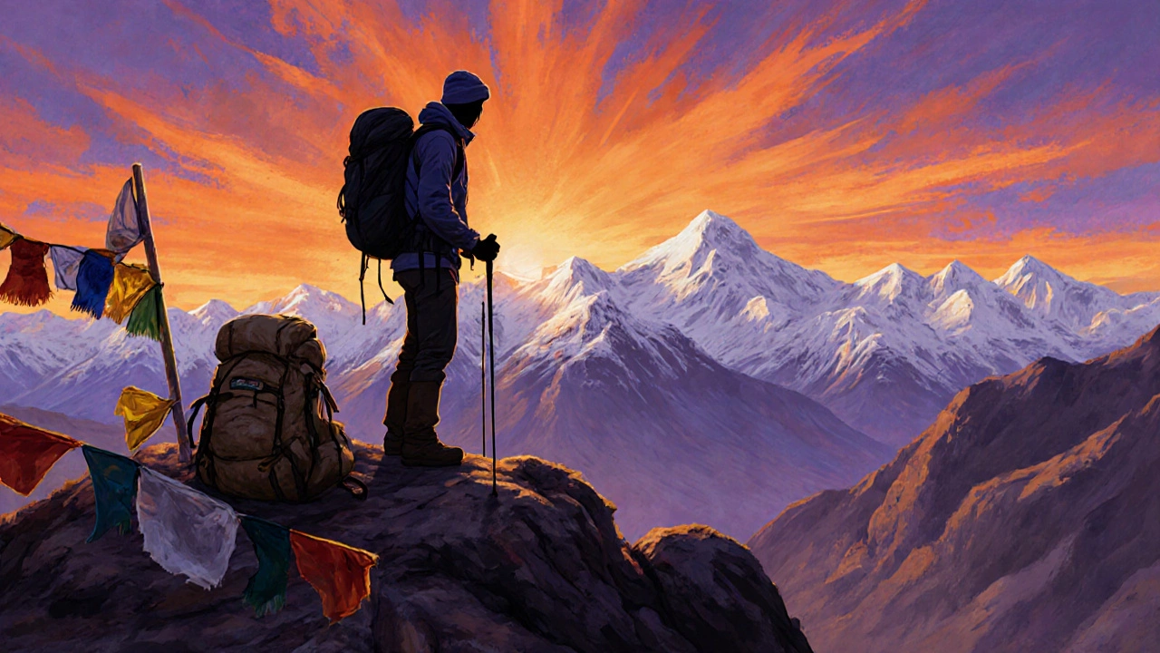 Silhouetted hiker on a mountain ridge at sunset in Ladakh with prayer flags and snow peaks behind.