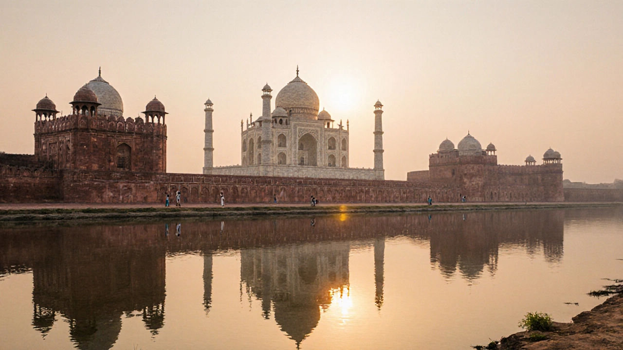 Sunrise view of the Taj Mahal, Agra Fort and Fatehpur Sikri in Uttar Pradesh.