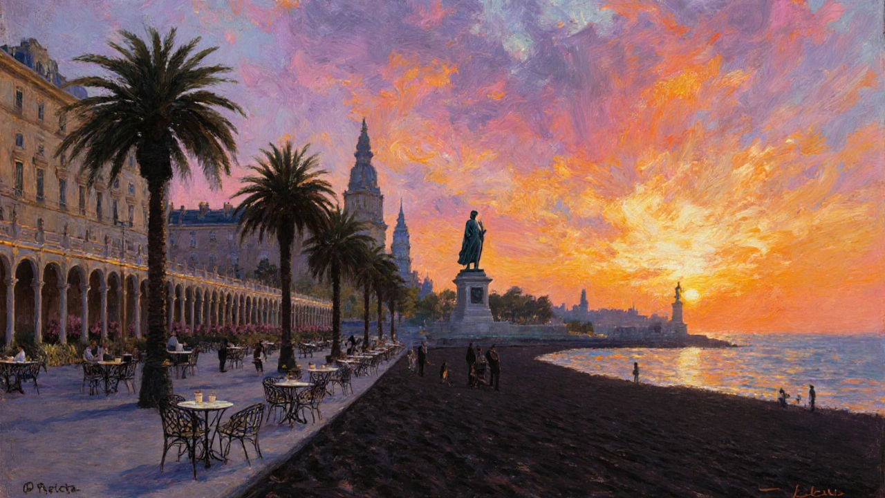 Sunset at Promenade Beach showing French War Memorial, Joan of Arc statue, and café tables on black sand.