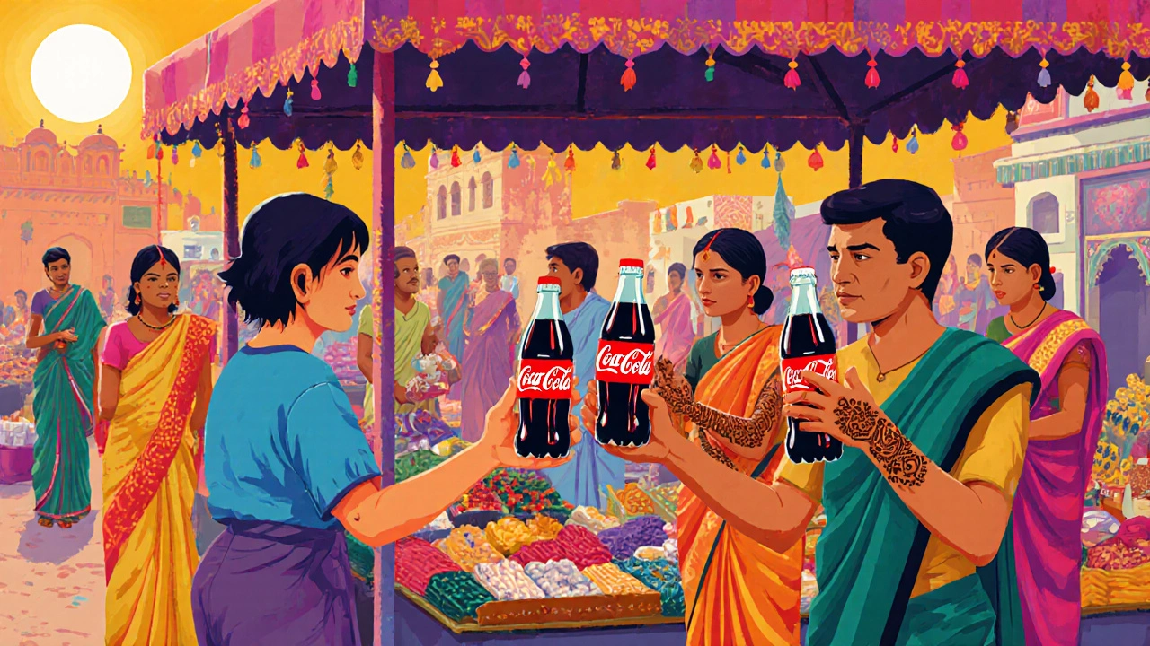 Tourist buying Coke at a crowded market while a local pays half the price nearby.