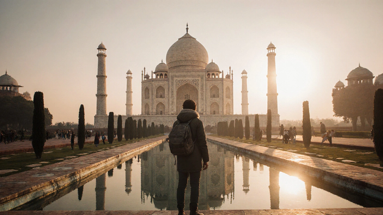 Traveler at sunrise near Taj Mahal, tranquil scene with few visitors.