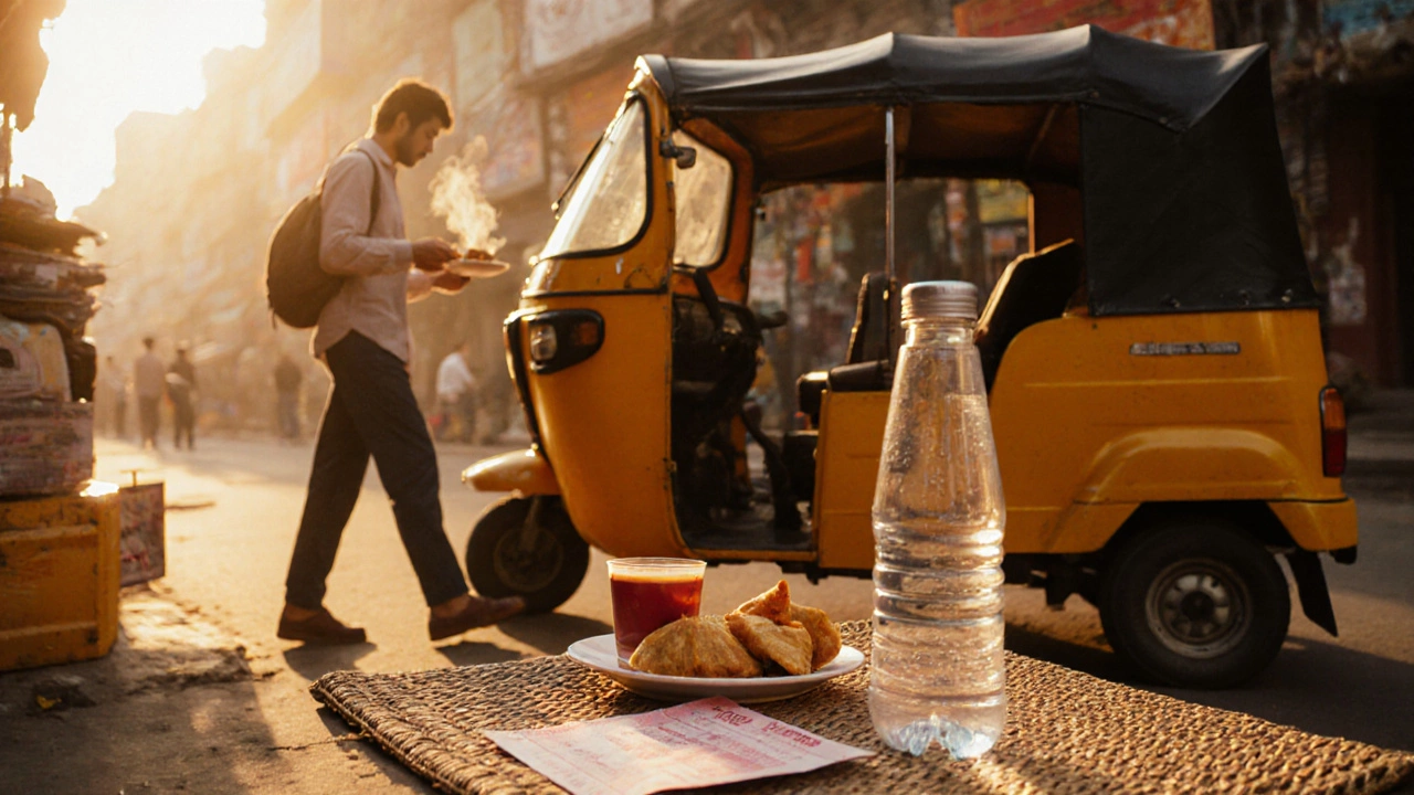 Traveler enjoying street food, riding an auto‑rickshaw, with tickets and a water bottle nearby.