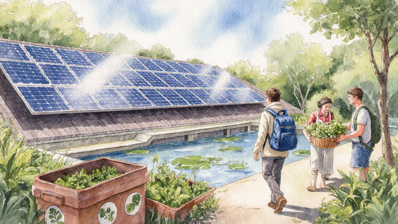 Traveler exploring an eco‑resort’s solar panels, rainwater system, compost area, and garden harvest.