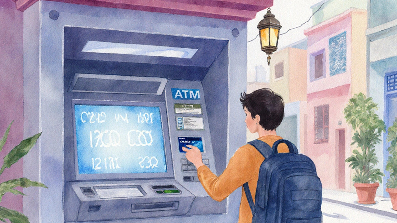 Traveler inserting a debit card into an ATM at a street corner, illuminated by the screen.
