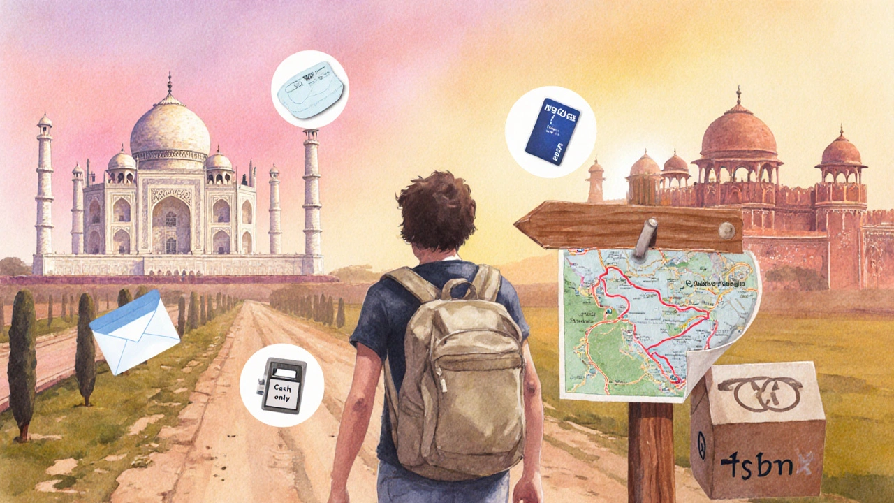 Traveler on a Golden Triangle road trip near Taj Mahal and Amber Fort, showing cash‑saving icons.