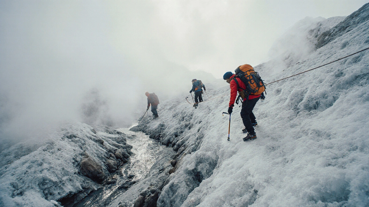 Trekkers in crampons cross a frozen stream on the steep ascent to Camp 1.