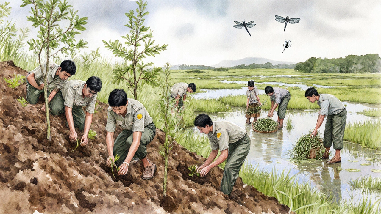 Volunteers and rangers plant native trees and restore wetlands inside a sanctuary.