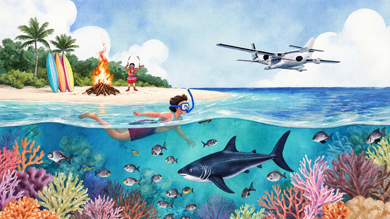 Watercolor of snorkeling over coral reef showing Fiji surf and dance and Maldives seaplane with manta rays.