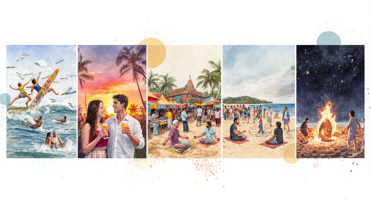 Watercolor panorama of five Goa beaches showing their unique activities.