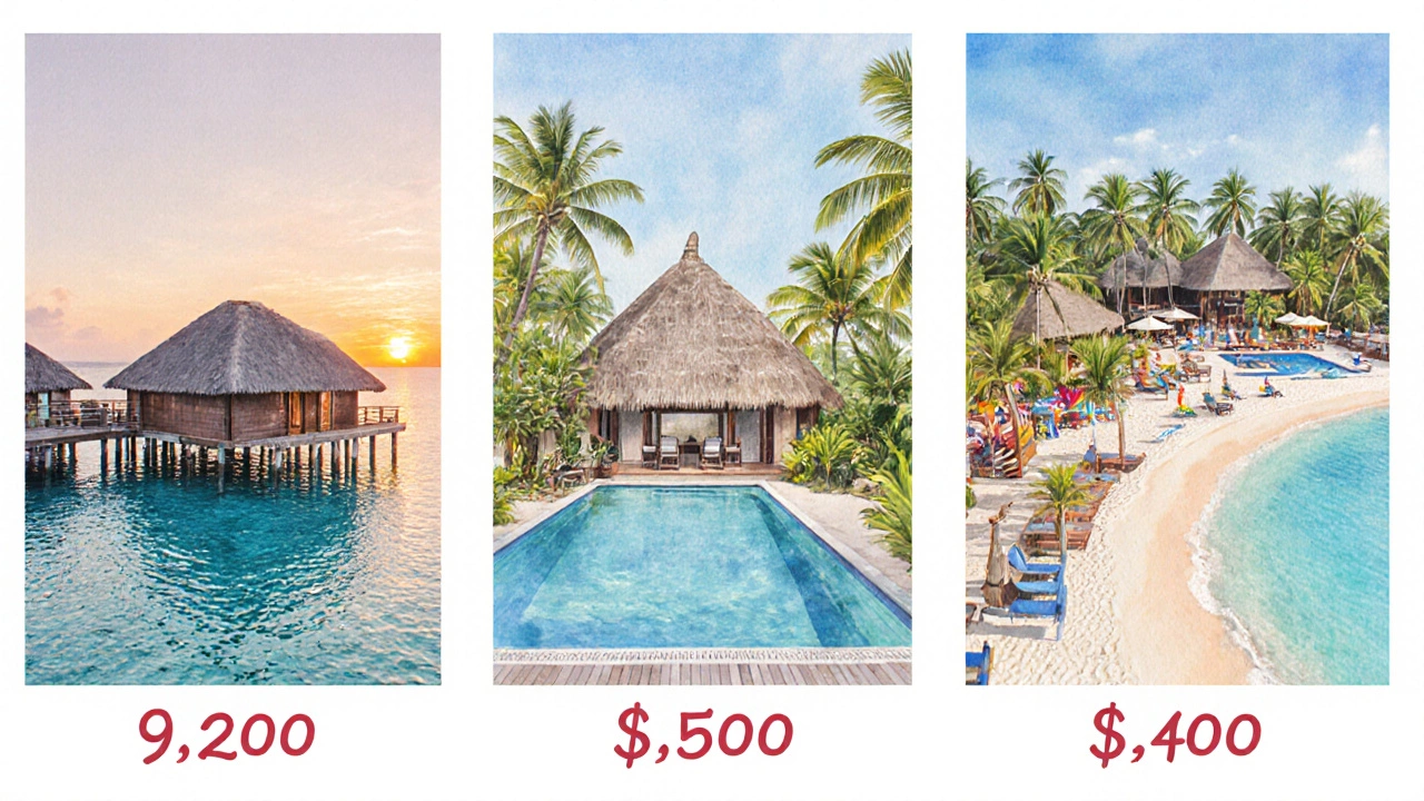 Watercolor three‑panel illustration of Maldives villa, Bali beachfront villa, and Punta Cana resort with price tags.