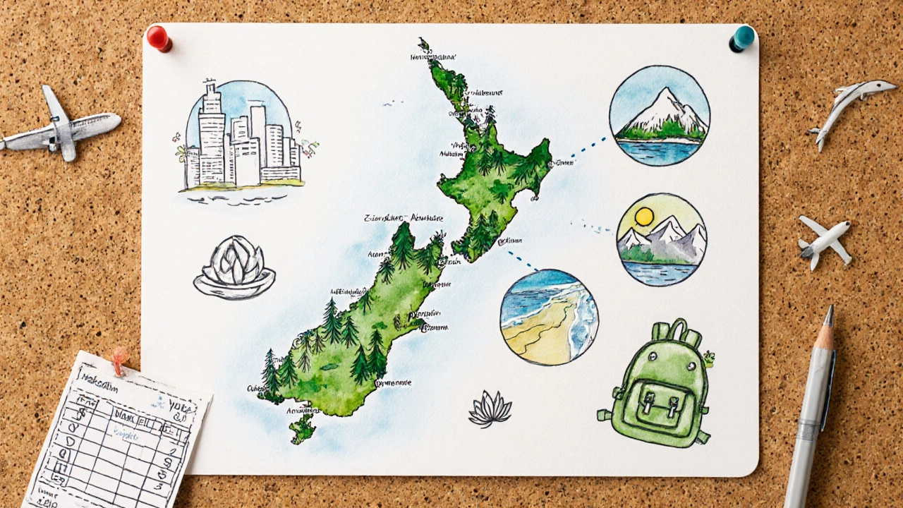 Watercolor travel board with icons for city, mountain, beach, adventure, and yoga trips.