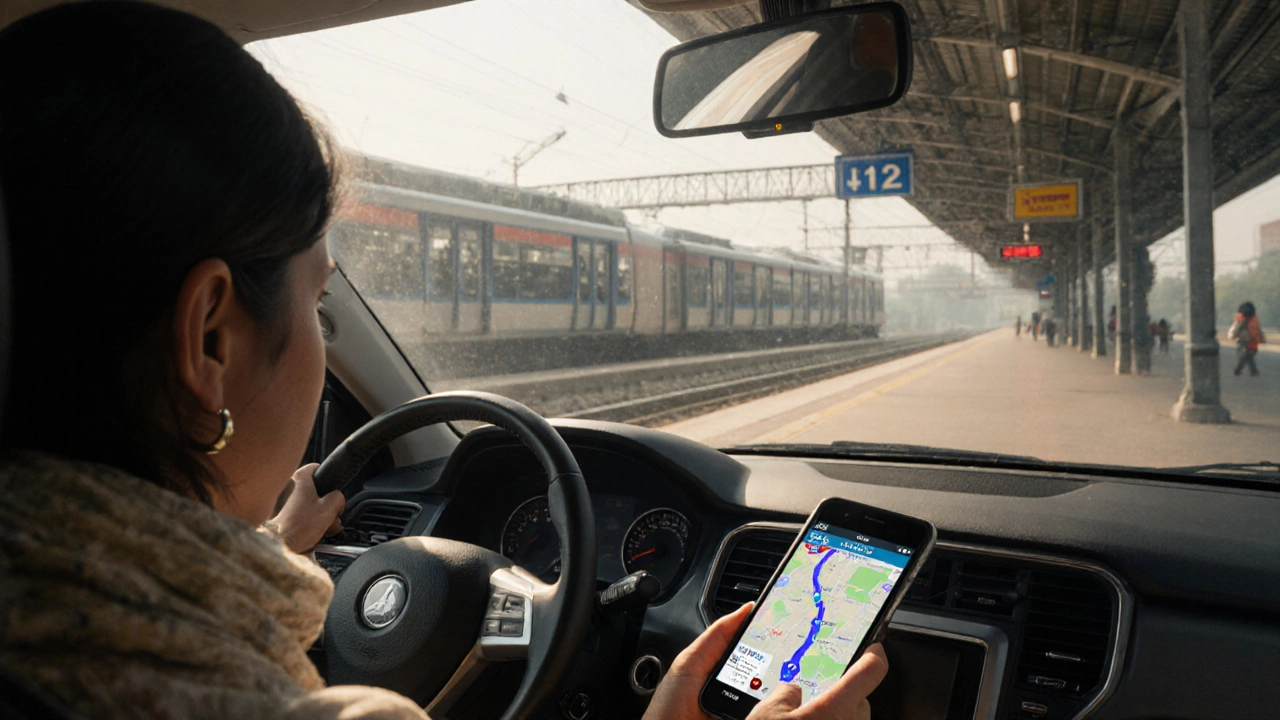 Woman in a rideshare car checking the GPS screen as she departs from Chandigarh rapid transit station.