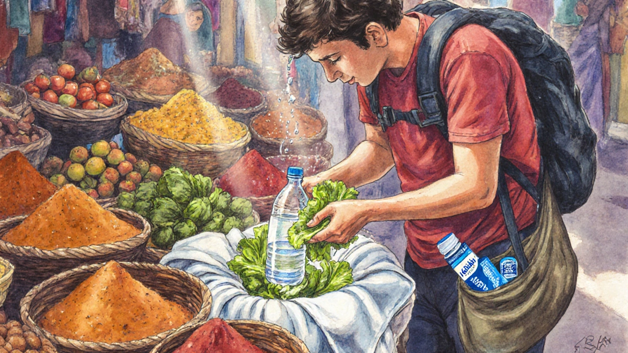 Backpacker rinsing lettuce in bottled water at a market, using purified water and cloth napkin.