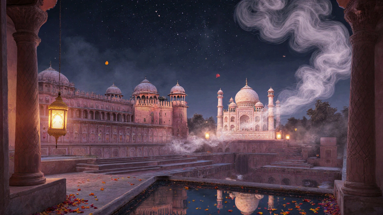 City Palace lit at night with Hawa Mahal in distance, marigolds and starlight creating a serene mood.