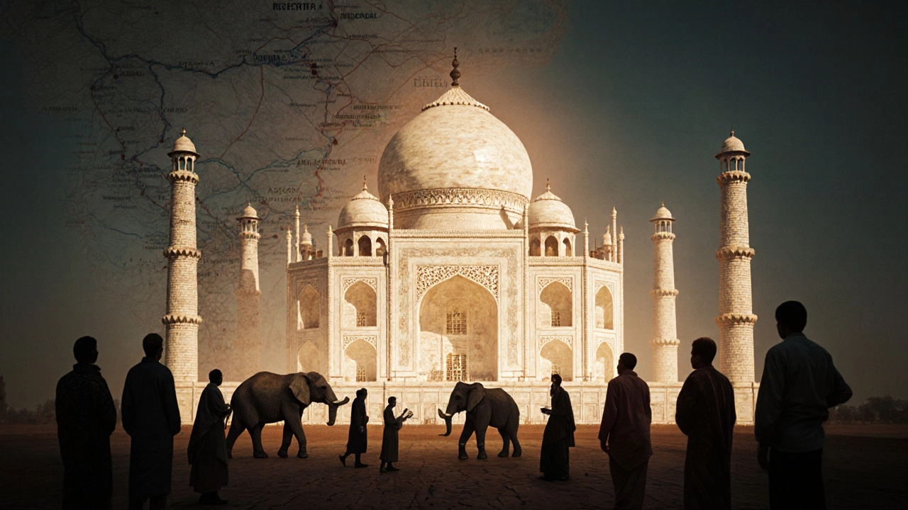 Diverse visitors in silent awe before the Taj Mahal, with faint historical trade routes surrounding it.