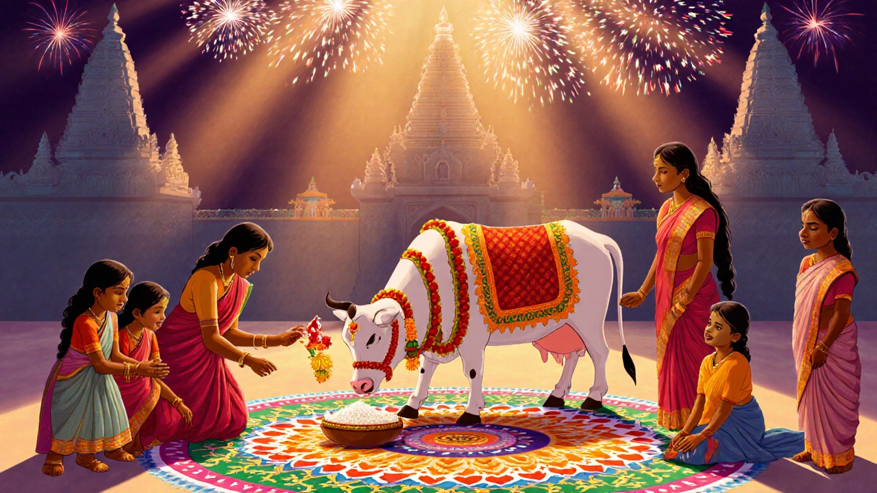 Families celebrating Pongal with colorful kolam art and a decorated cow under temple spires.