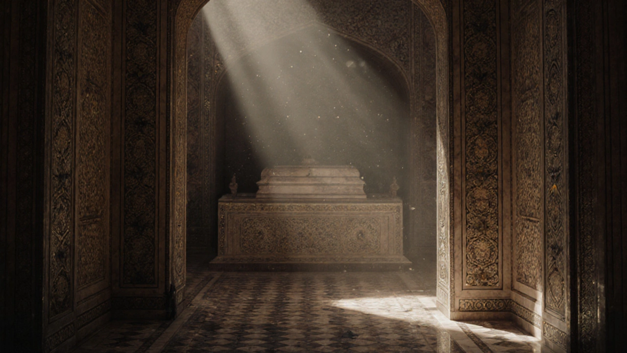 Interior of Taj Mahal showing asymmetrical tombs with intricate marble latticework and golden light filtering through.