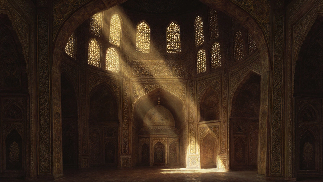 Interior of the Taj Mahal with light filtering through marble screens and cenotaphs under a dome.