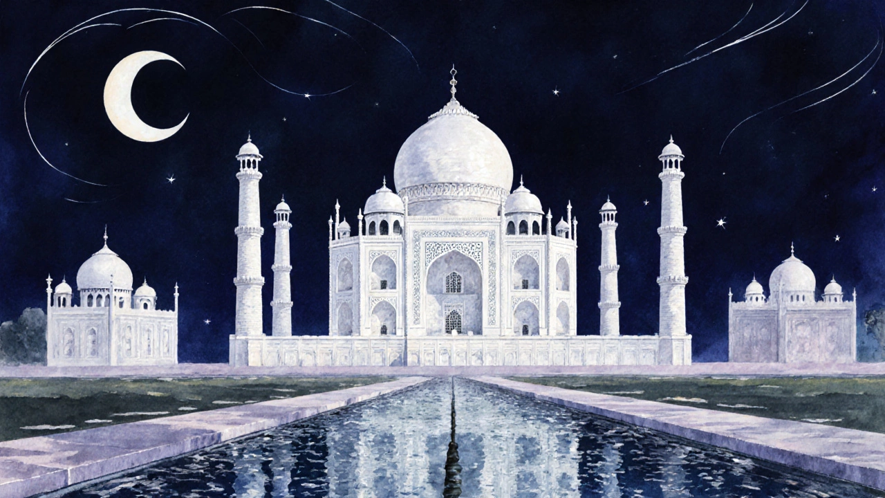 Moonlit Taj Mahal glowing like a pearl, surrounded by shimmering water channels under a dark blue sky.